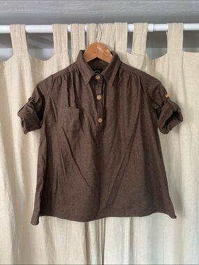 Girls' Brown Button-Front Cotton Flannel Blouse